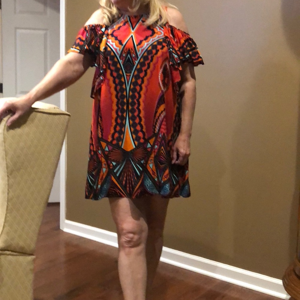 Global Maria multi-colored cold shoulder dress.